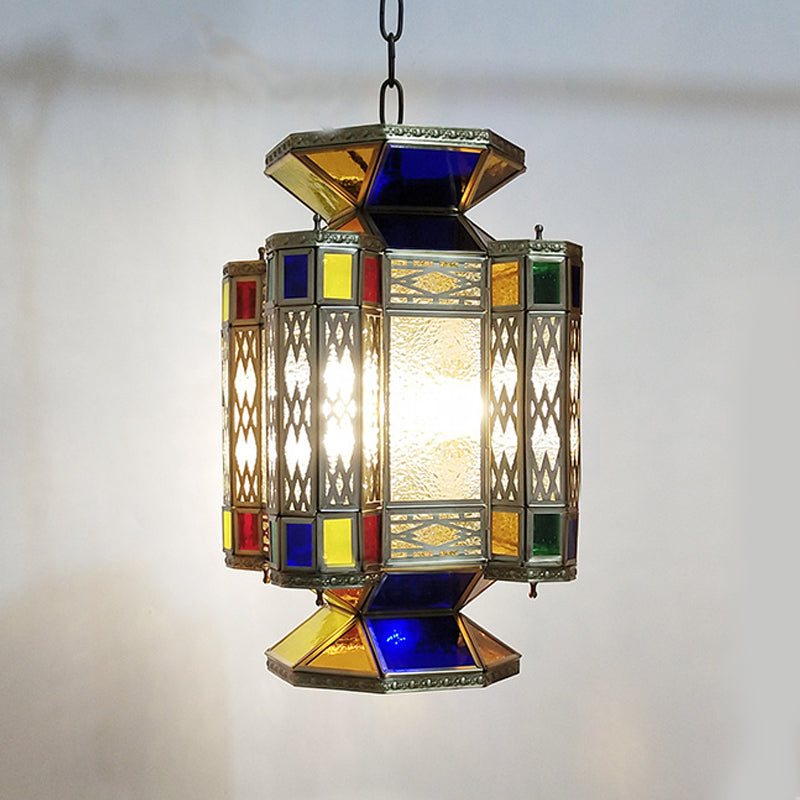 Textured Glass Lantern Ceiling Light Decorative 3 Bulbs Restaurant Chandelier Lighting in Brass