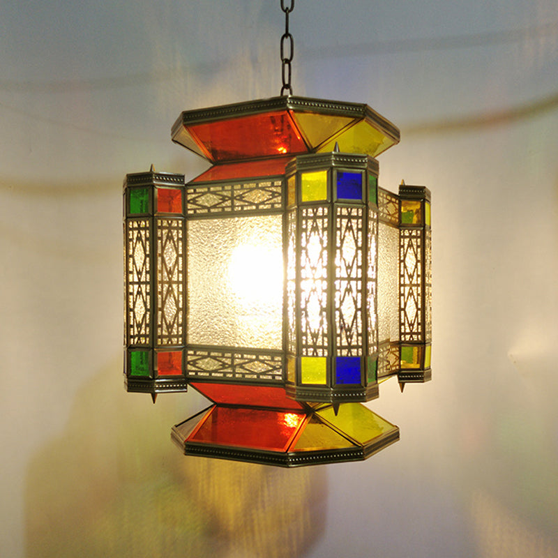 Vintage Lantern Chandelier Lighting 3 Lights Textured Glass Pendant Light Fixture in Brass