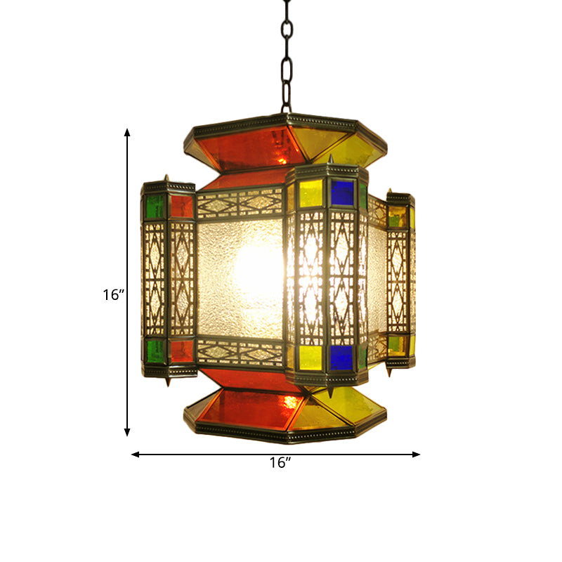 Vintage Lantern Chandelier Lighting 3 Lights Textured Glass Pendant Light Fixture in Brass