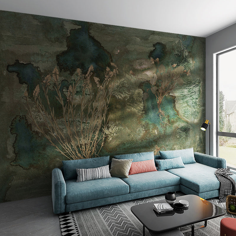 Non-Woven Big Mural Blackish Green Tropical Bush and Forest Wall Covering, Custom Size Available