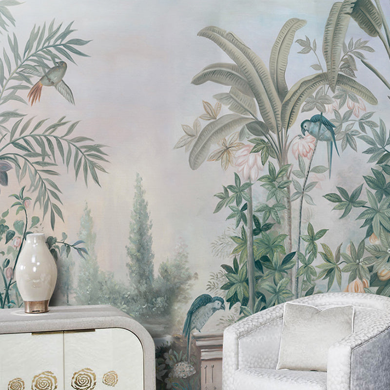 Full Size Misty Jungle Mural in Blackish Green Non-Woven Fabric Wall Covering for Home Decor, Custom-printed