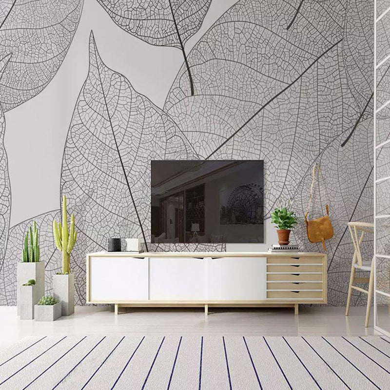 Contemporary Leaf Texture Mural Wallpaper in Grey Living Room Wall Art, Personalized Size Available
