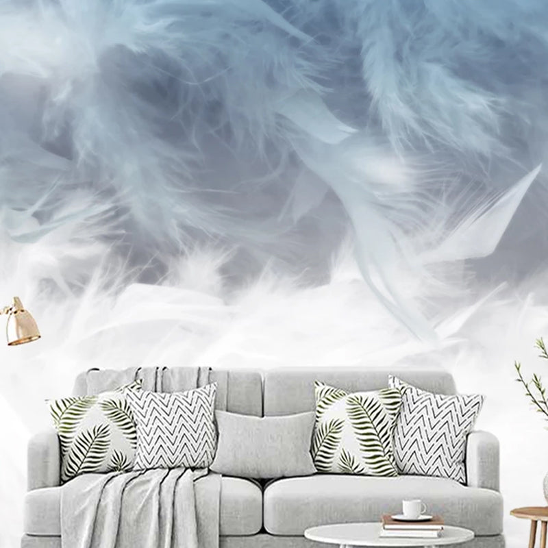 Feather Wall Art in Grey and Blue, Minimalist Wall Mural for Home Decoration