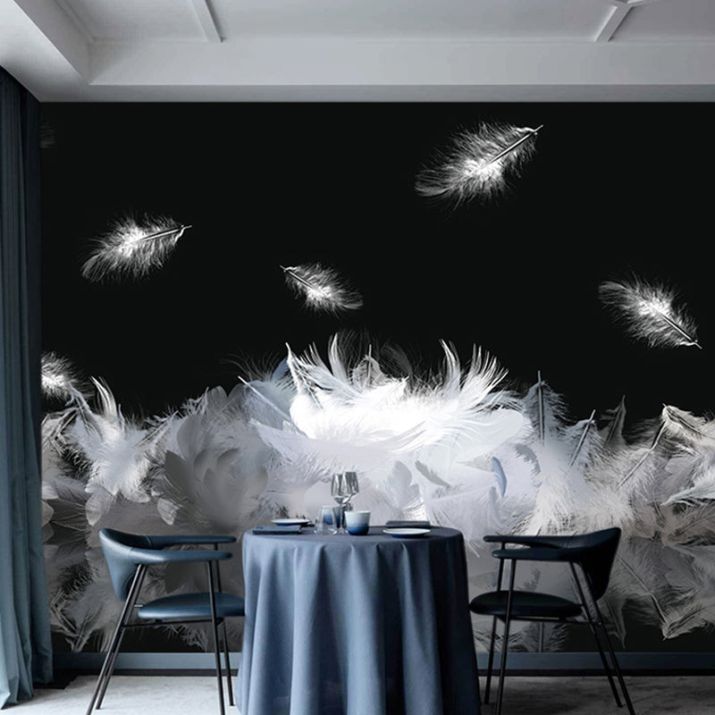 Full Illustration Scandinavian Wall Covering for Accent Wall with Swirling Feather Design in Black and White