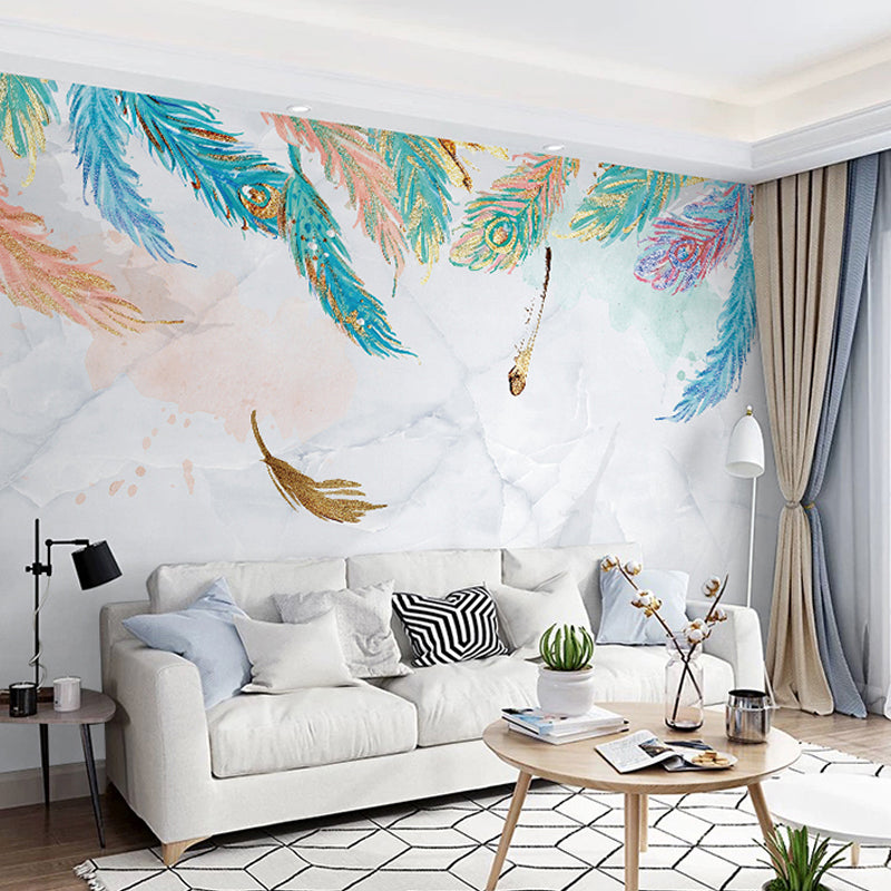 Non-Woven Fabric Full Mural Wallpaper Multicolored Feather Wall Covering, Made to Measure