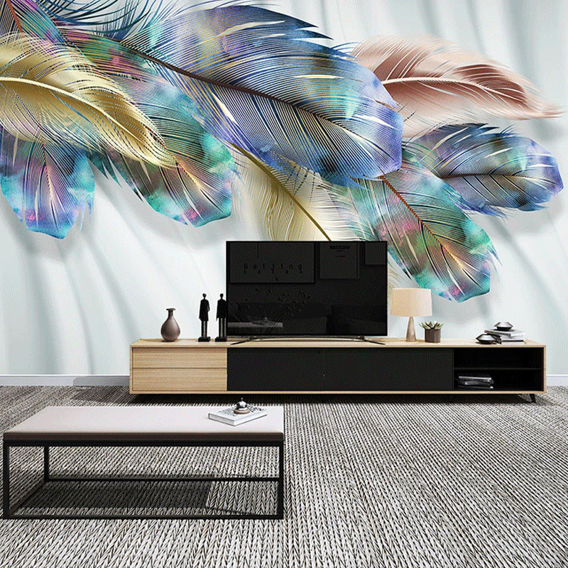 Classic Wall Mural with Yellow and Blue Feather for Commercial Use, Non-Woven Material