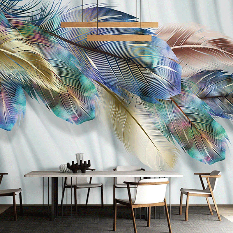 Classic Wall Mural with Yellow and Blue Feather for Commercial Use, Non-Woven Material