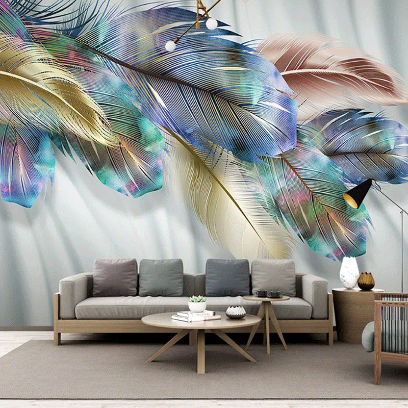Classic Wall Mural with Yellow and Blue Feather for Commercial Use, Non-Woven Material
