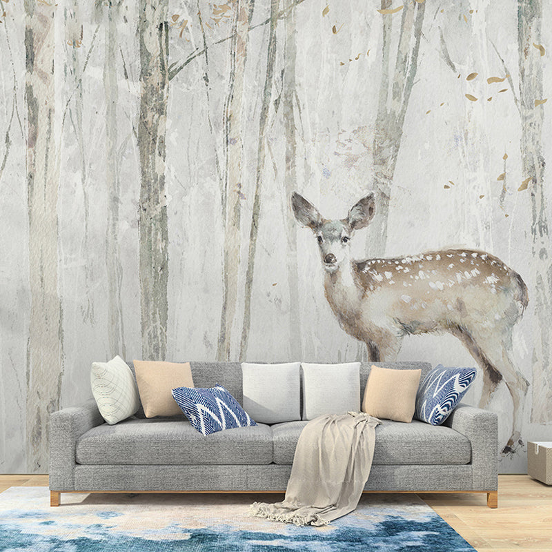Personalized Illustration Nordic Mural Wallpaper for Living Room with Pewter Deer and Tree
