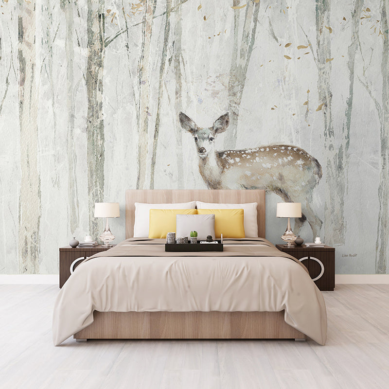 Personalized Illustration Nordic Mural Wallpaper for Living Room with Pewter Deer and Tree