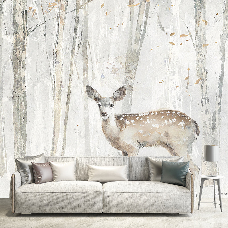 Personalized Illustration Nordic Mural Wallpaper for Living Room with Pewter Deer and Tree