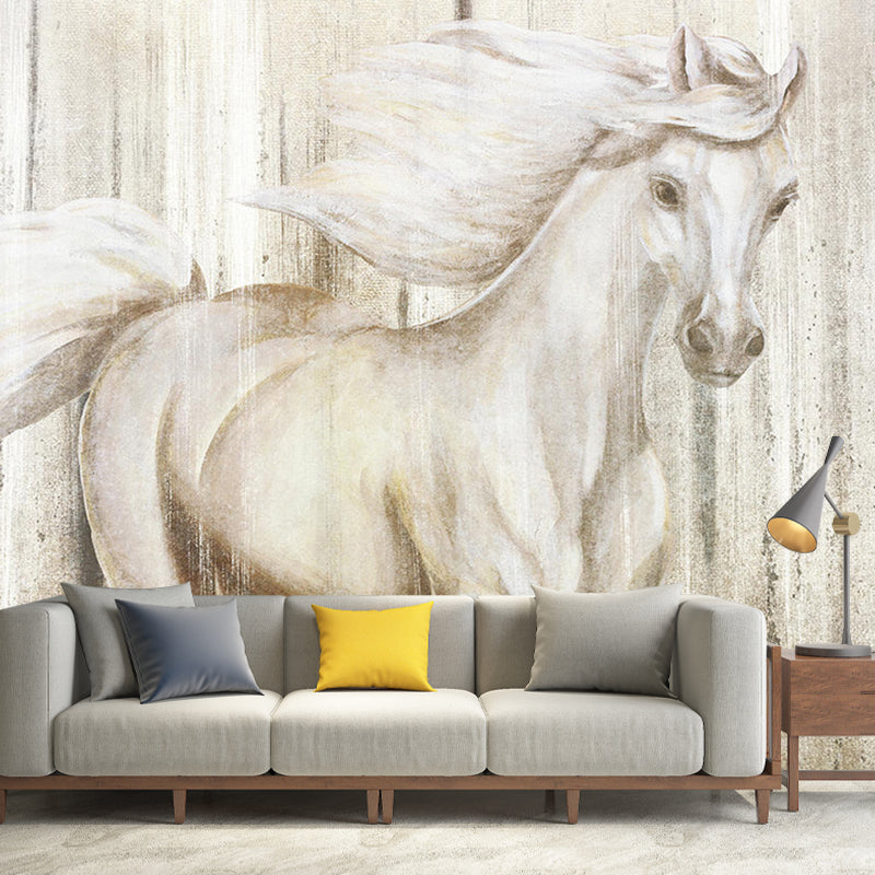 Giant Horse Mural Wallpaper in Grey and Yellow for Coffee Shop, Water-Resistant