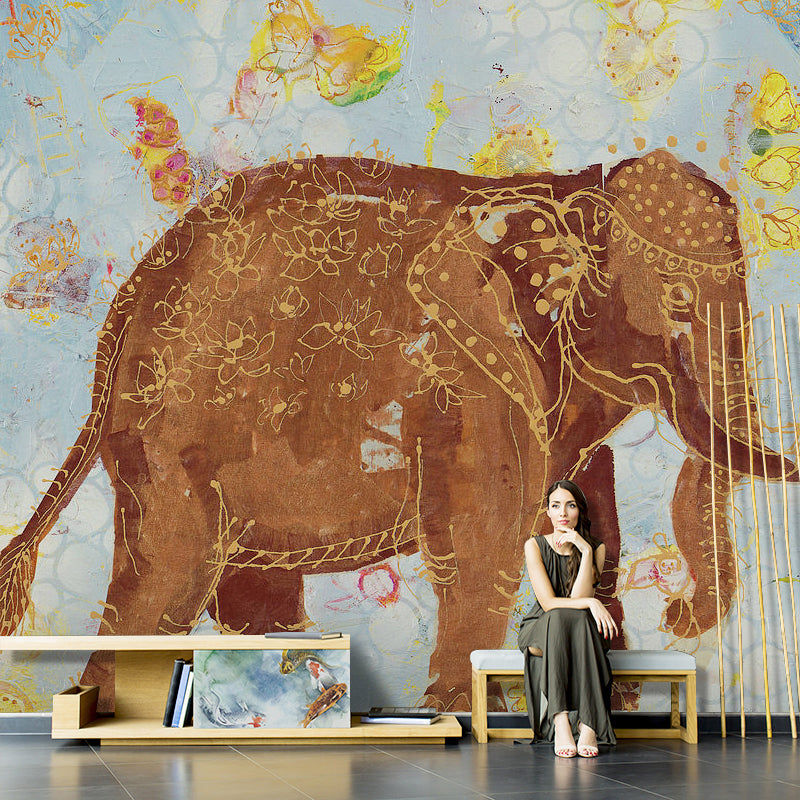 Non-Woven Material Large Mural Brown Cartoon Elephant Wall Art, Made to Measure