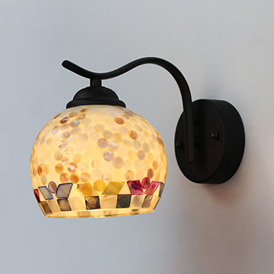 1 Head Sphere Wall Light Fixture Tiffany Beige/Beige-Red Stained Shell Sconce Lighting with Curved Arm