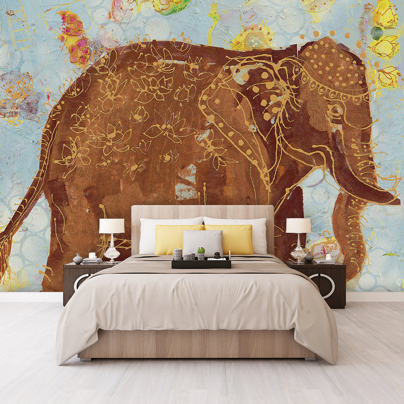 Non-Woven Material Large Mural Brown Cartoon Elephant Wall Art, Made to Measure
