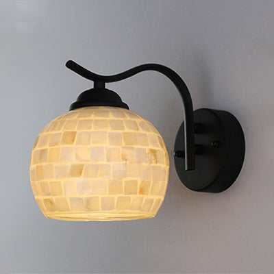 1 Head Sphere Wall Light Fixture Tiffany Beige/Beige-Red Stained Shell Sconce Lighting with Curved Arm