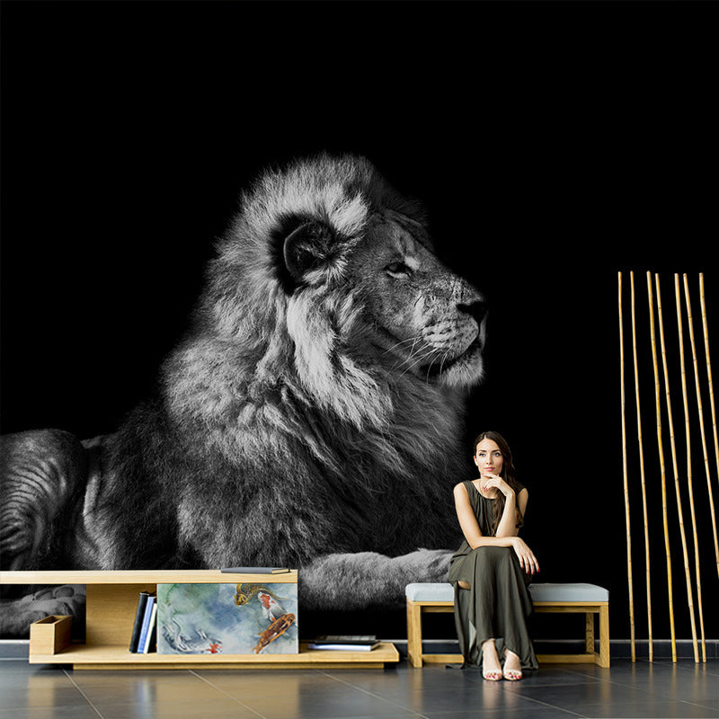 Whole Lion Wall Covering Modern Grandiose 3D Effect Mural Wallpaper in Pastel Grey