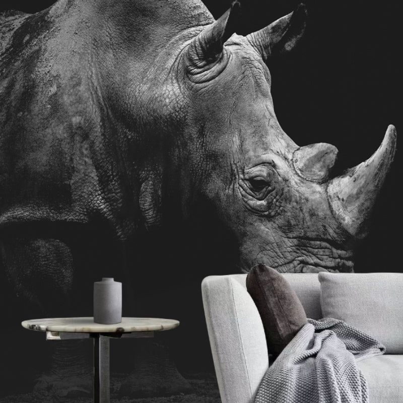 Grey and Black Rhinoceros Mural Waterproof Wall Covering for Living Room