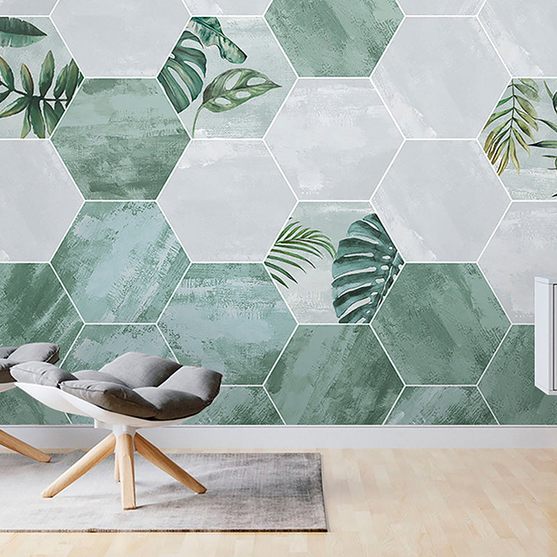 Illustration Style Modern Wall Mural with Hexagon in Green and White, Made to Measure