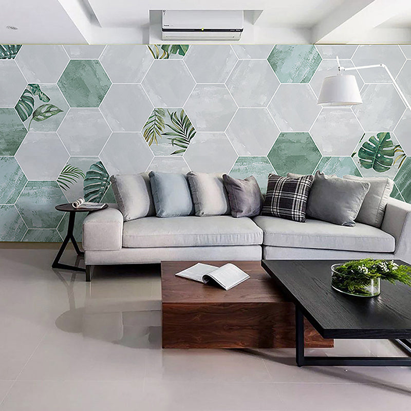 Illustration Style Modern Wall Mural with Hexagon in Green and White, Made to Measure