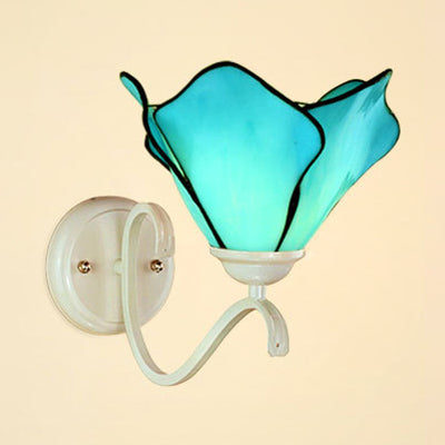 Blue Petal Wall Mount Lighting Rustic Stained Glass 1 Light Wall Sconce Light for Bathroom
