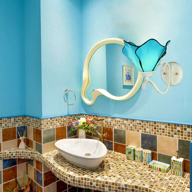 Blue Petal Wall Mount Lighting Rustic Stained Glass 1 Light Wall Sconce Light for Bathroom