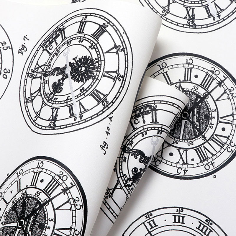 Non-Pasted Wallpaper Roll with Black and White Wall Clock, 33'L x 20.5"W