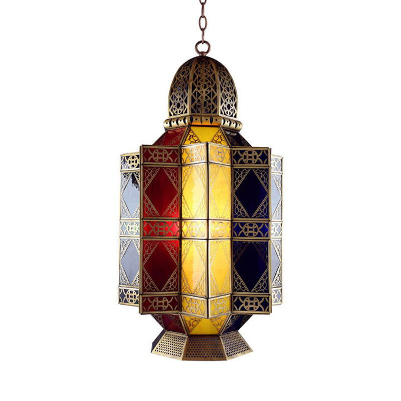 Colored Glass Brass Chandelier Lantern 3 Heads Arabian Hanging Pendant Light for Corridor