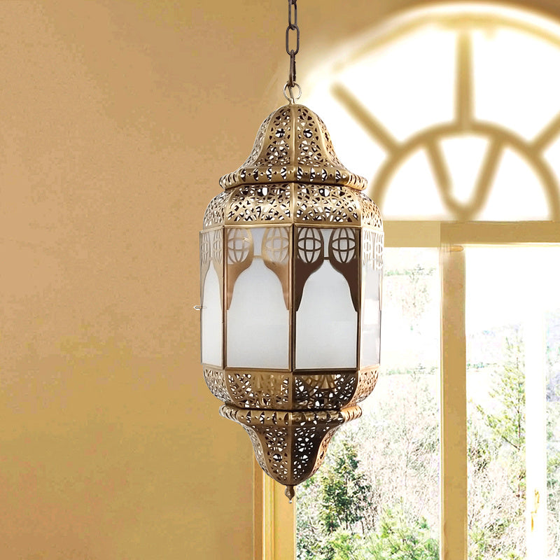 Antique Lantern Hanging Lamp 4 Bulbs Frosted Glass Ceiling Chandelier in Brass for Restaurant
