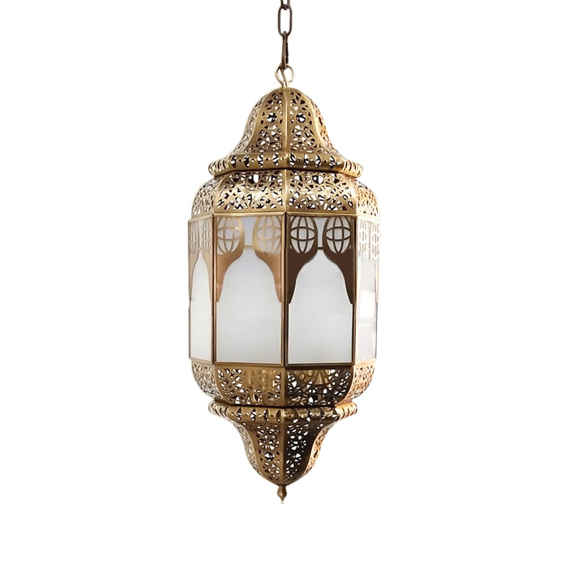 Antique Lantern Hanging Lamp 4 Bulbs Frosted Glass Ceiling Chandelier in Brass for Restaurant