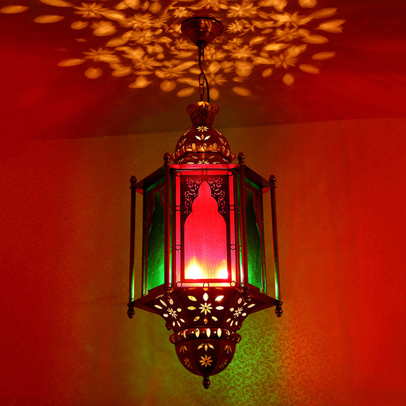 Colorido linterna de vidrio techo luz Arabia 3 bombillas Candelera colgante de restaurantes en latón