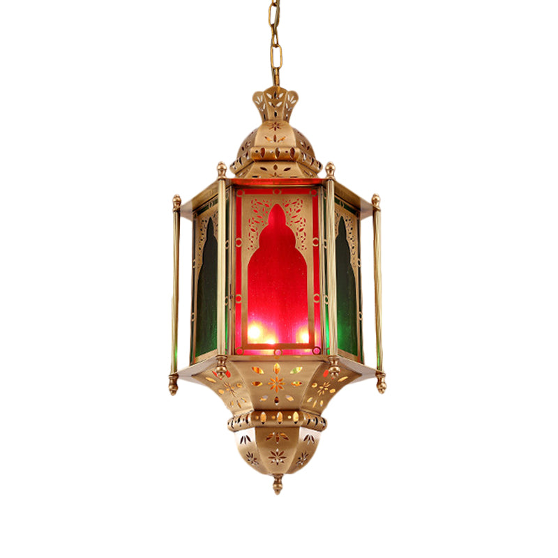 Colorido linterna de vidrio techo luz Arabia 3 bombillas Candelera colgante de restaurantes en latón