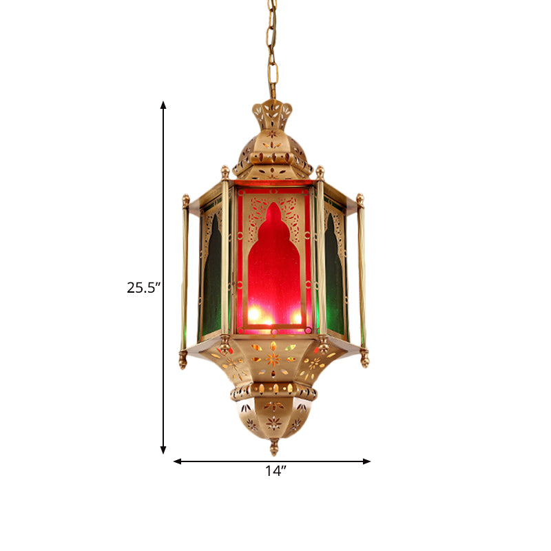 Colorful Glass Lantern Ceiling Light Arabian 3 Bulbs Restaurant Pendant Chandelier in Brass