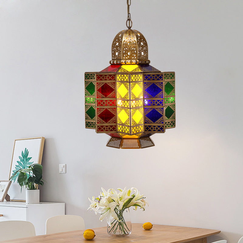 4-Head Metal Pendant Lighting Arab Lantern Stained Glass Chandelier Light Fixture in Brass