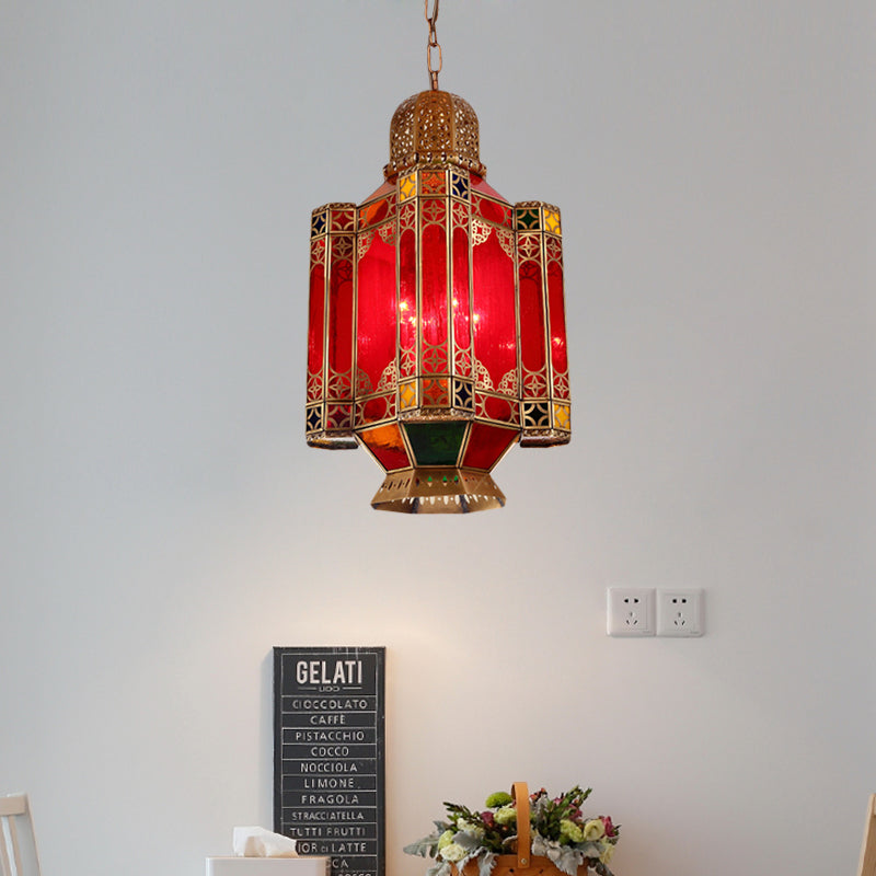 Traditional Lantern Hanging Lamp 4 Lights Red Glass Chandelier Lighting Fixture in Brass for Restaurant