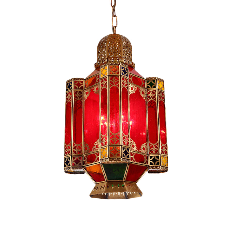Traditionelle Laterne -Hanglampe 4 Lichter rotes Glas Kronleuchter Beleuchtung in Messing für das Restaurant