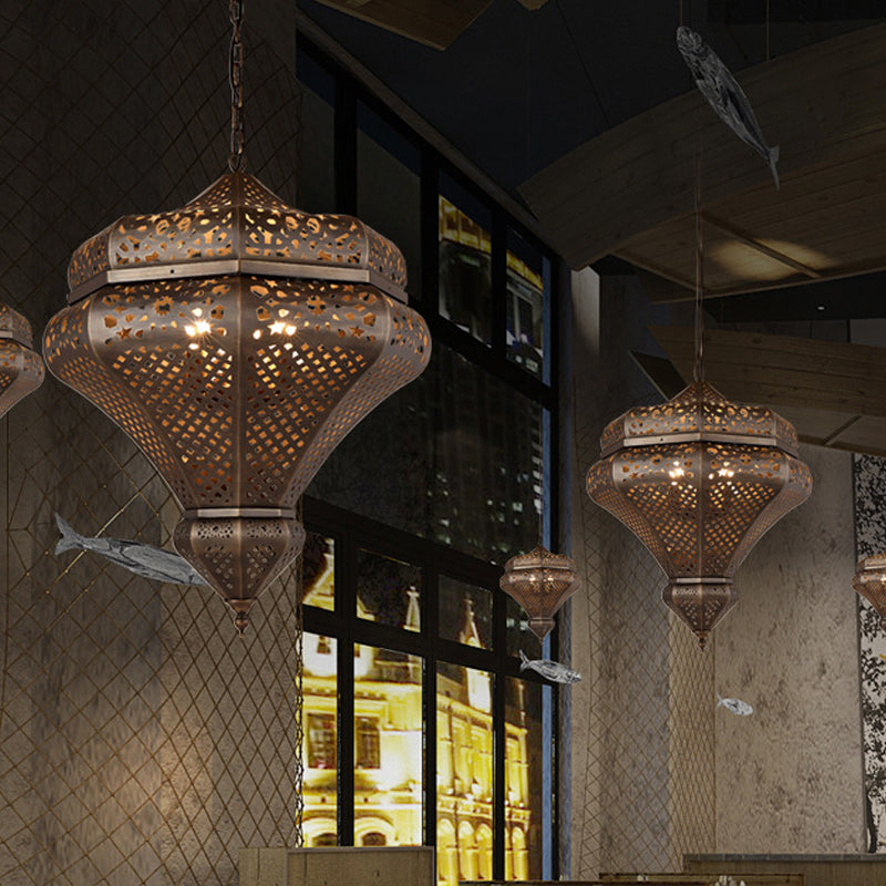 4 Lights Chandelier Lamp Retro Restaurant Pendant Light with Hollow Metal Shade in Bronze