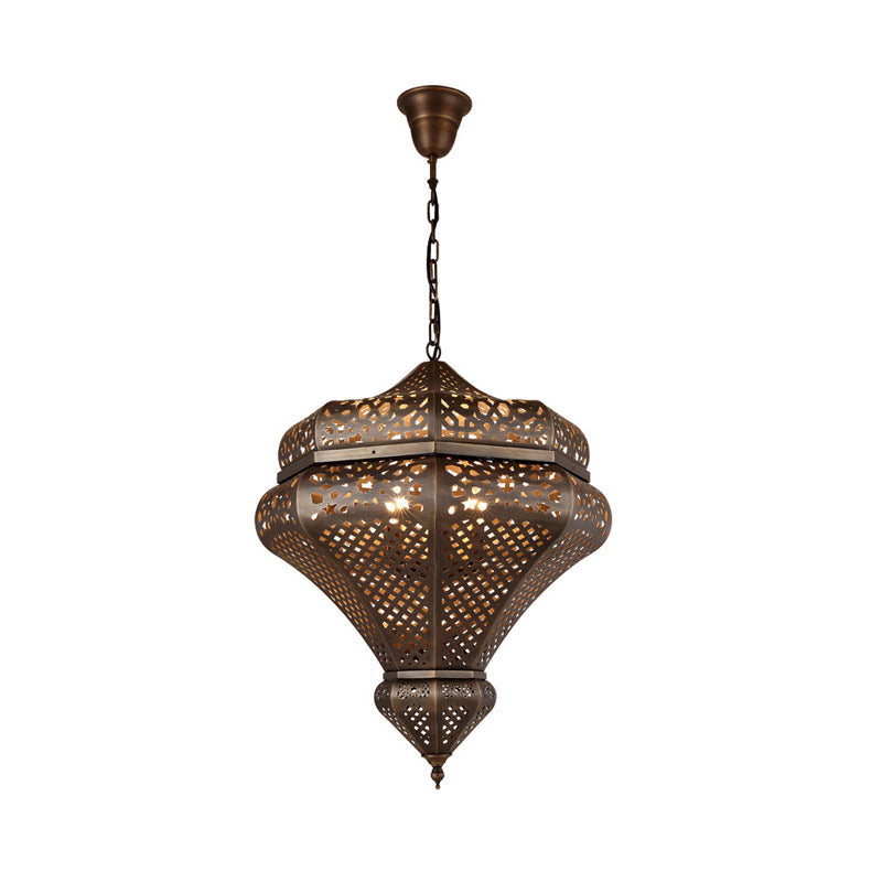 4 Lights Chandelier Lamp Retro Restaurant Pendant Light with Hollow Metal Shade in Bronze