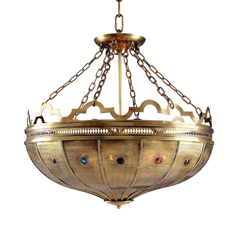 Bowl Bedroom Chandelier Lighting Arab Metal 6 Bulbs Brass Hanging Ceiling Light with Bead Decor