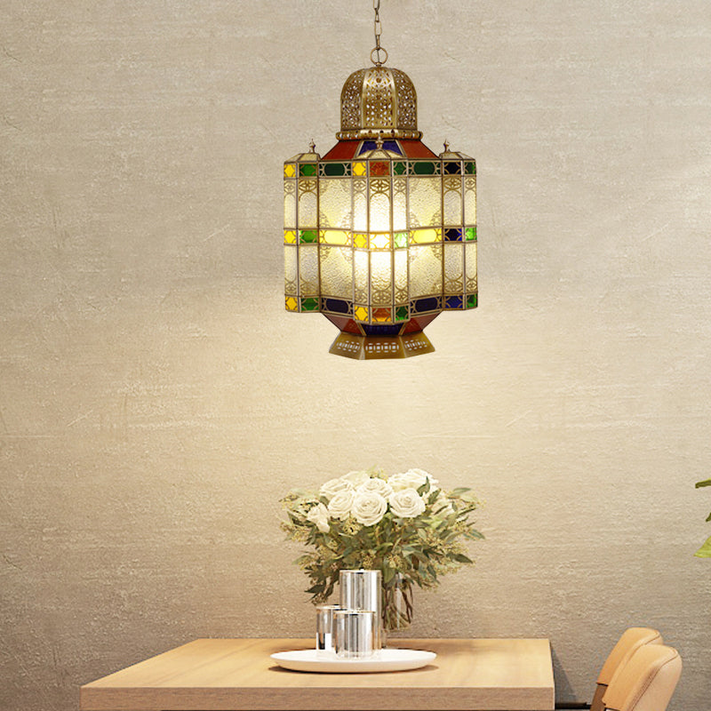 Textured Glass Brass Ceiling Pendant Lantern 6-Head Chandelier Light Fixture for Restaurant