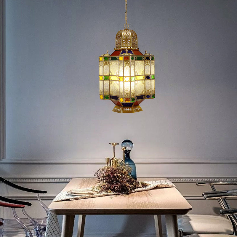 Textured Glass Brass Ceiling Pendant Lantern 6-Head Chandelier Light Fixture for Restaurant