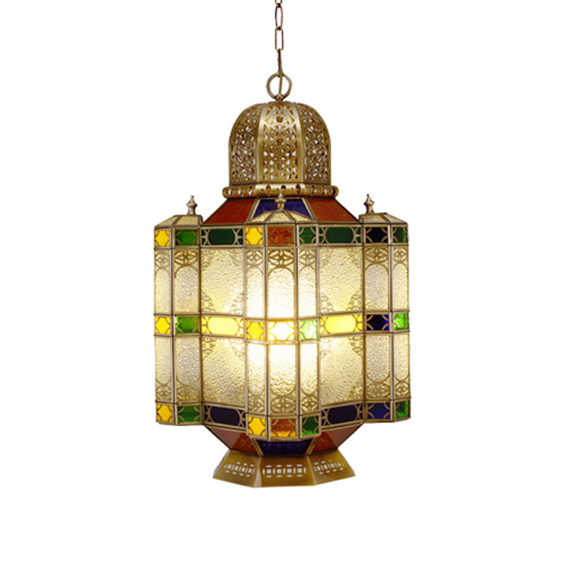 Textured Glass Brass Ceiling Pendant Lantern 6-Head Chandelier Light Fixture for Restaurant