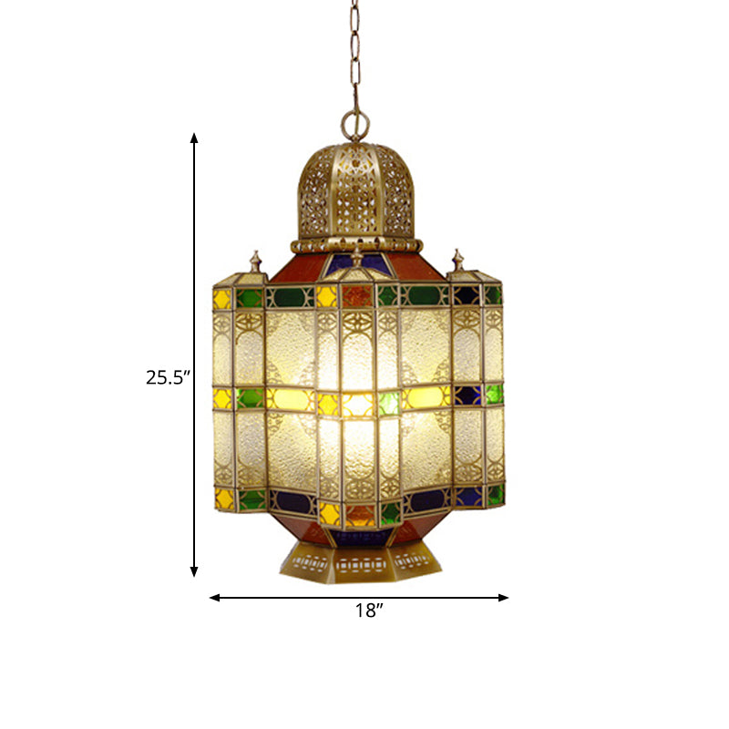 Textured Glass Brass Ceiling Pendant Lantern 6-Head Chandelier Light Fixture for Restaurant