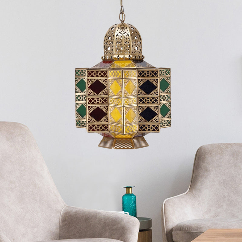 Decorative Lantern Pendant Light 6-Bulb Stained Glass Hanging Chandelier in Brass for Living Room