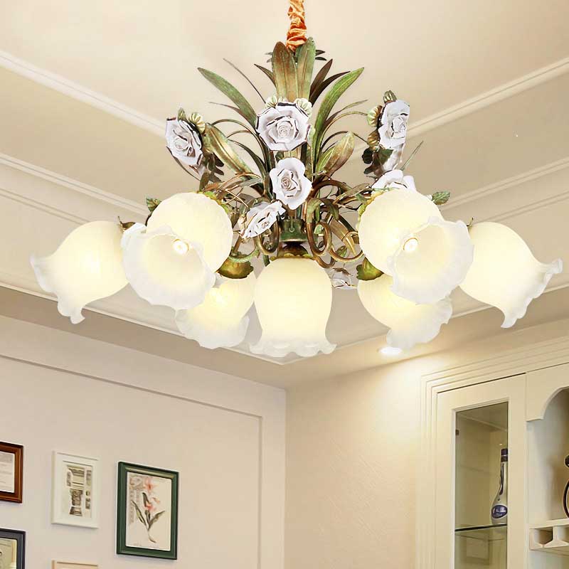 Lustre vert en verre crème, éclairage fleur, 4/7/9 ampoules, pendentif goutte pastorale romantique pour salon