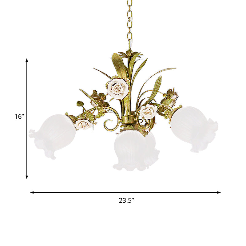Cream Glass Green Chandelier Lighting Flower 4/7/9 Bulbs Romantic Pastoral Drop Pendant for Living Room
