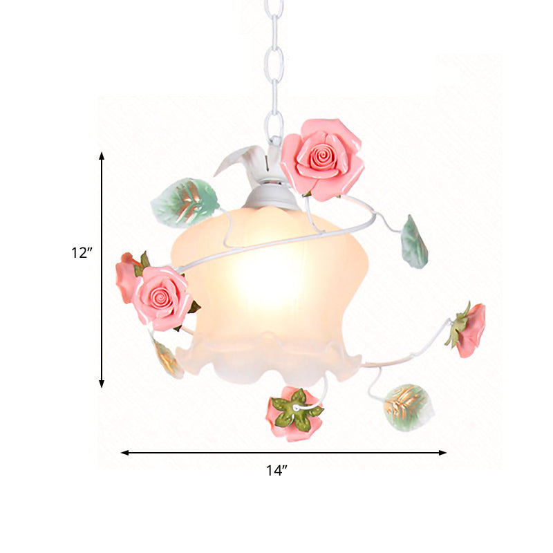 Pastoral Style Rose Hanging Lamp 1-Bulb White Glass Down Lighting Pendant for Living Room