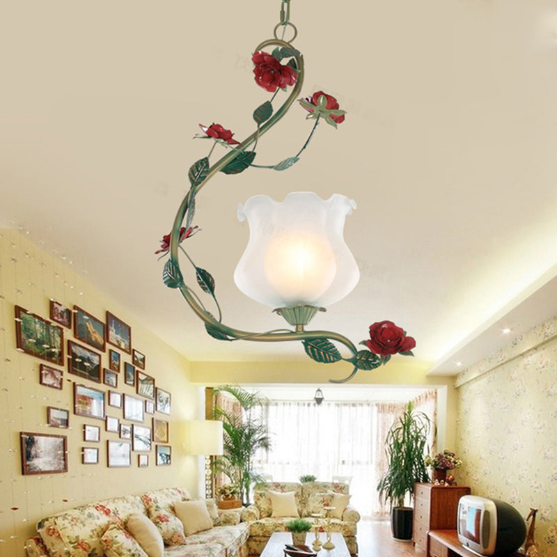 Romantic Pastoral Flower Pendant 1 Light White Glass Hanging Ceiling Light with Metal Curvy Arm
