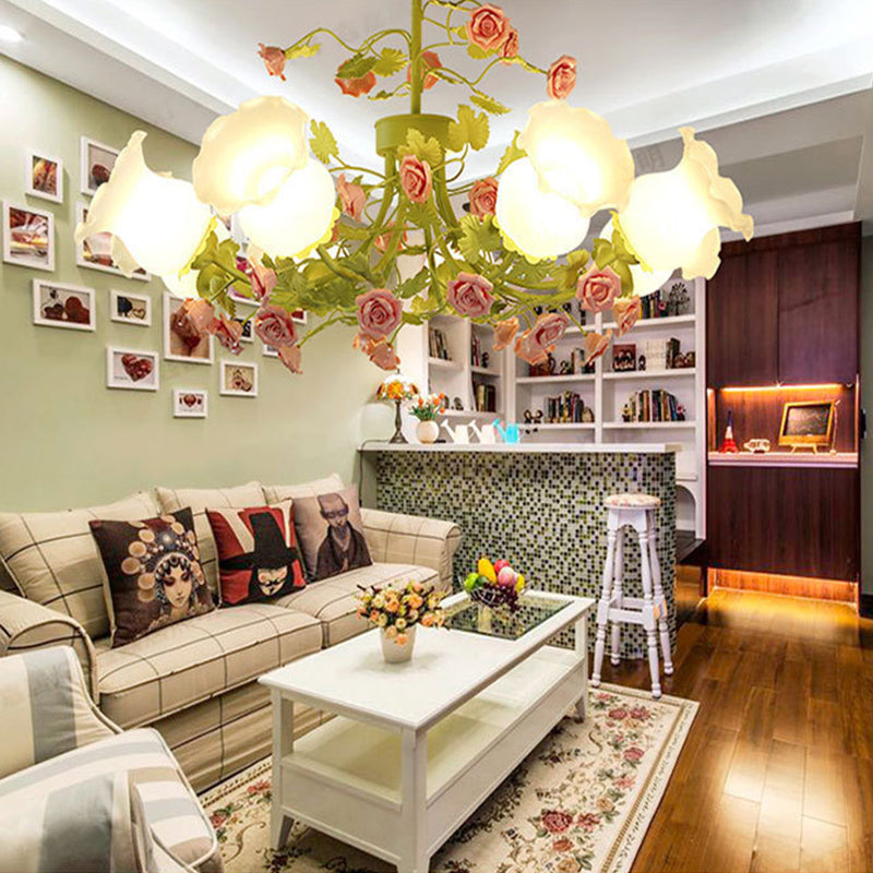 Sputnik Living Room Chandelier Korean Flower Ivory Glass 8 Lights Green Suspension Lighting