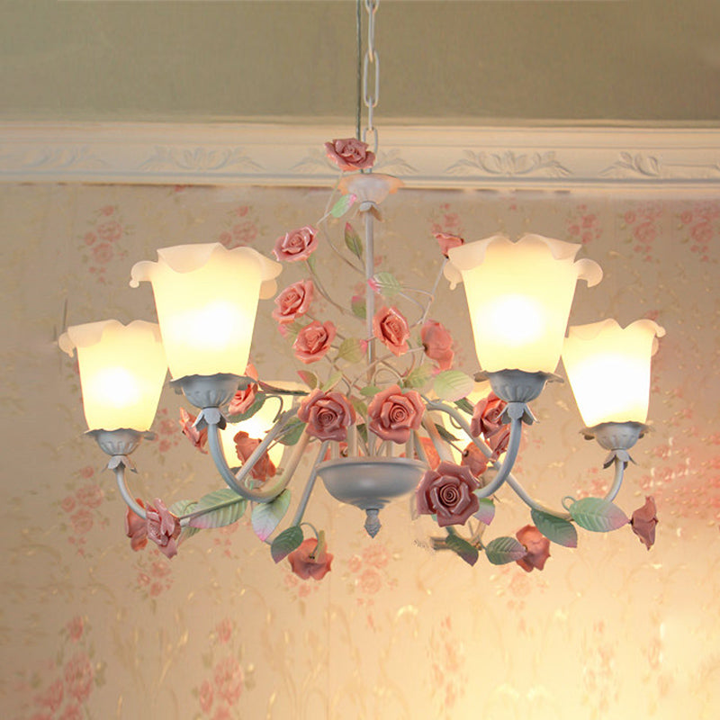 6-Bulb White Glass Chandelier Lamp Pastoral Pink Rose Living Room Hanging Pendant Light
